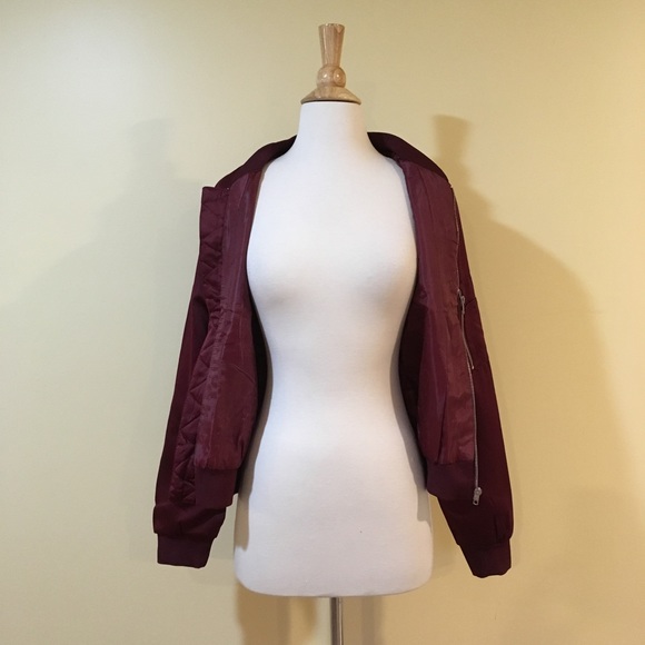 Burgundy Quilted Satin Zip Front Bomber Jacket - Picture 6 of 8